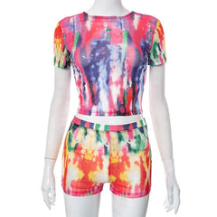 Short sleeve crewneck tie dye contrast mesh pant set