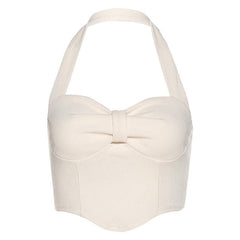 Sleeveless halter solid ribbed bowknot backless ruched crop top