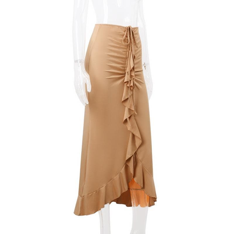 Ruffle solid ruched self tie low rise midi skirt