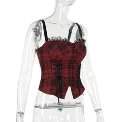 Plaid sweetheart neck lace up lace hem backless cami top