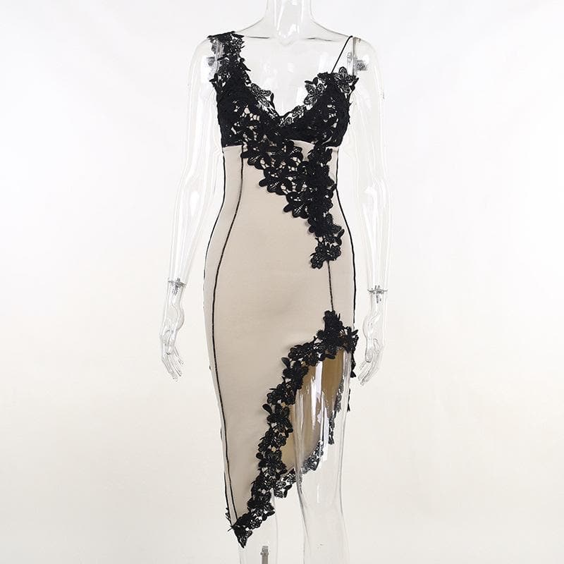 Contrast irregular v neck lace hem stitch mini dress