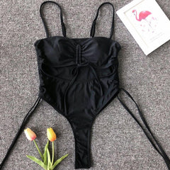 Hollow out drawstring one piece swimwear bikini