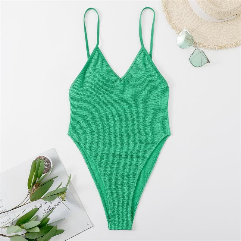 Textured v neck solid padded backless one piece swimwear