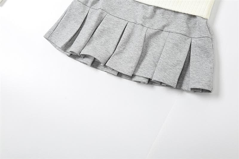 Contrast knitted pleated patchwork low rise mini skirt