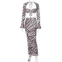 Zebra print low cut flared sleeve self tie contrast maxi skirt set