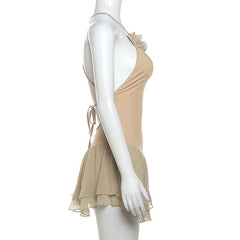 Cross back ruffle mesh patchwork ruched backless cami mini dress