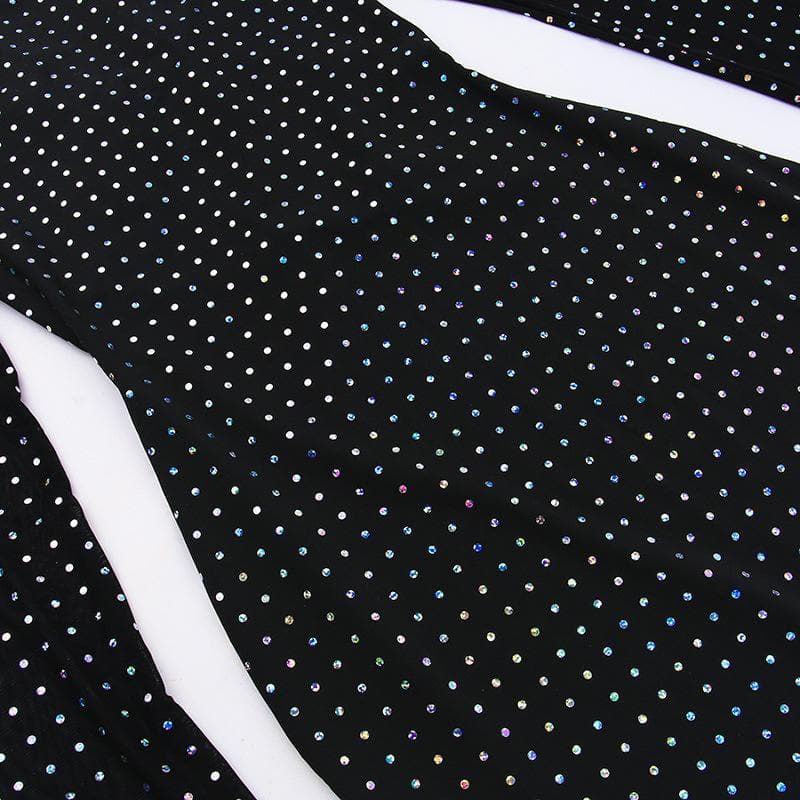 Polka dot contrast hollow out long sleeve mesh midi dress