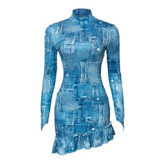 Ruffle long sleeve denim print backless high neck mini dress