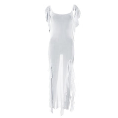 Sheer mesh see through backless ruffle slit cap sleeve maxi dress