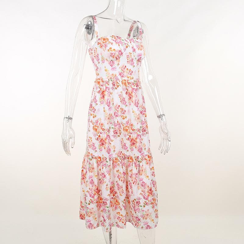 Ruched flower print contrast sleeveless midi dress