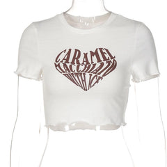 Contrast letter print ruffle crewneck crop top