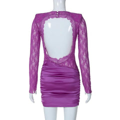 Lace see through satin ruched hollow out long sleeve mini dress