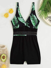 Contrast leaf pattern v neck hollow out one piece swimwear