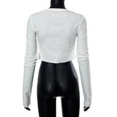 Button ribbed stitch long sleeve solid crop top