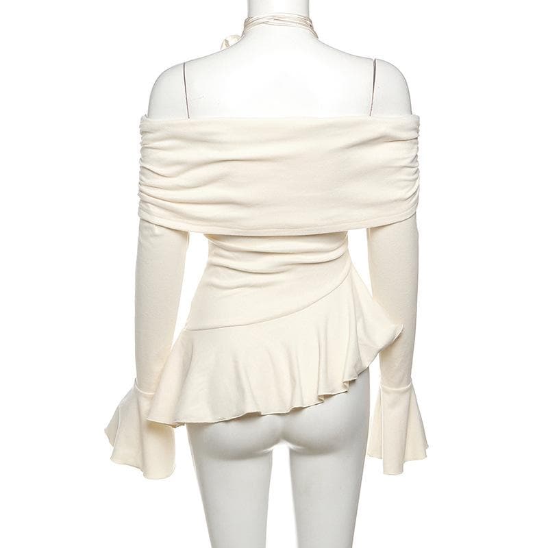 Off shoulder ruffle flower applique long flared sleeve ruched top