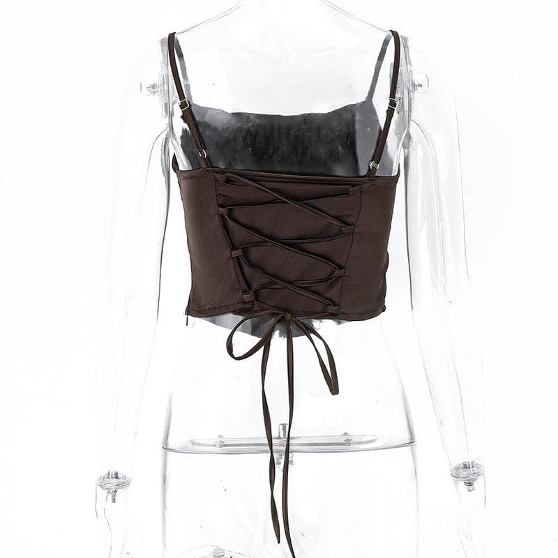 Square neck lace up solid satin corset backless cami top