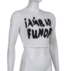 Cap sleeve crewneck "iAM BAD FUN OFF" pattern crop top