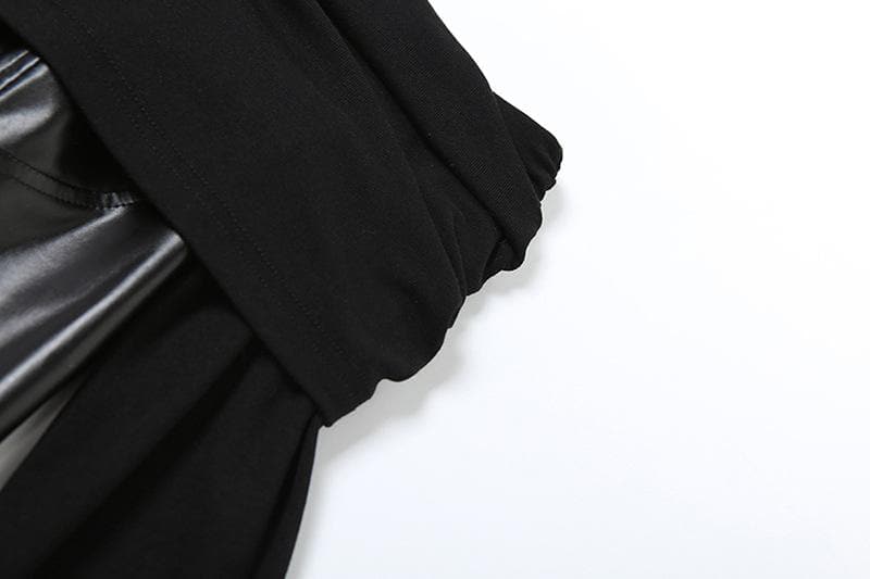 Off shoulder ruched patchwork PU leather long sleeve crop top