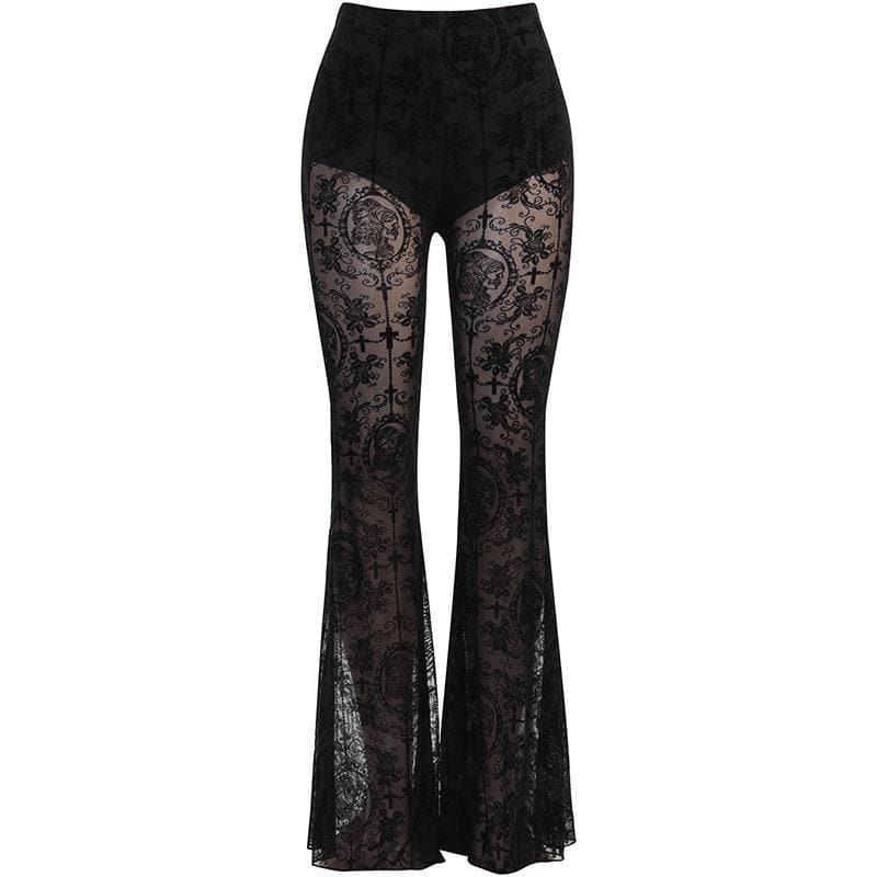 Lace solid high rise textured flared pant