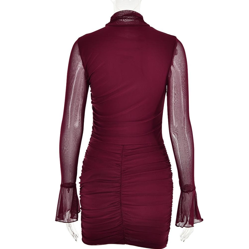 Mesh solid long sleeve turtle neck ruched zip-up mini dress