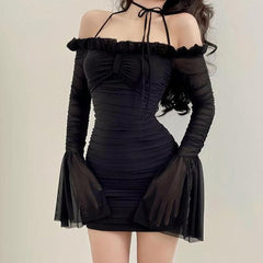 Self tie long flared sleeve ruffle ruched off shoulder mini dress