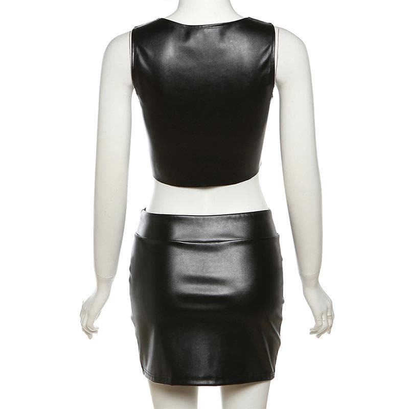 Sleeveless PU leather crewneck solid mini skirt set