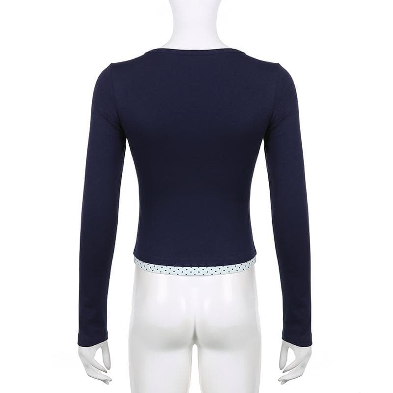 Polka dot patchwork long sleeve lace hem button top