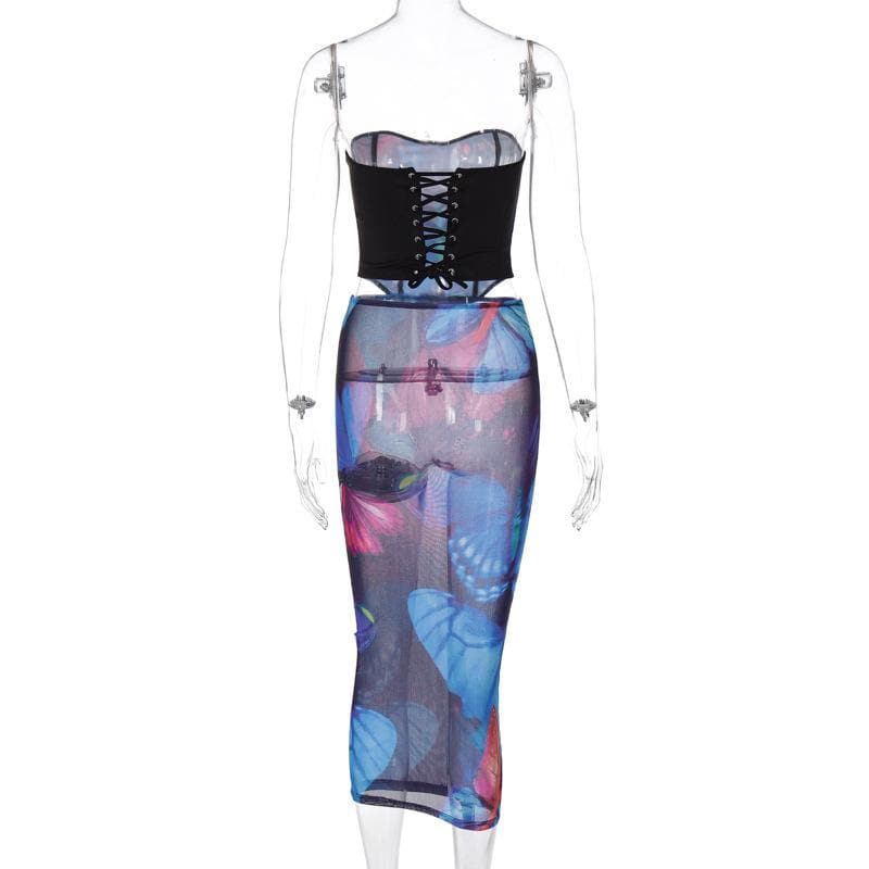 Sheer mesh see through butterfly pattern lace up midi skirt set