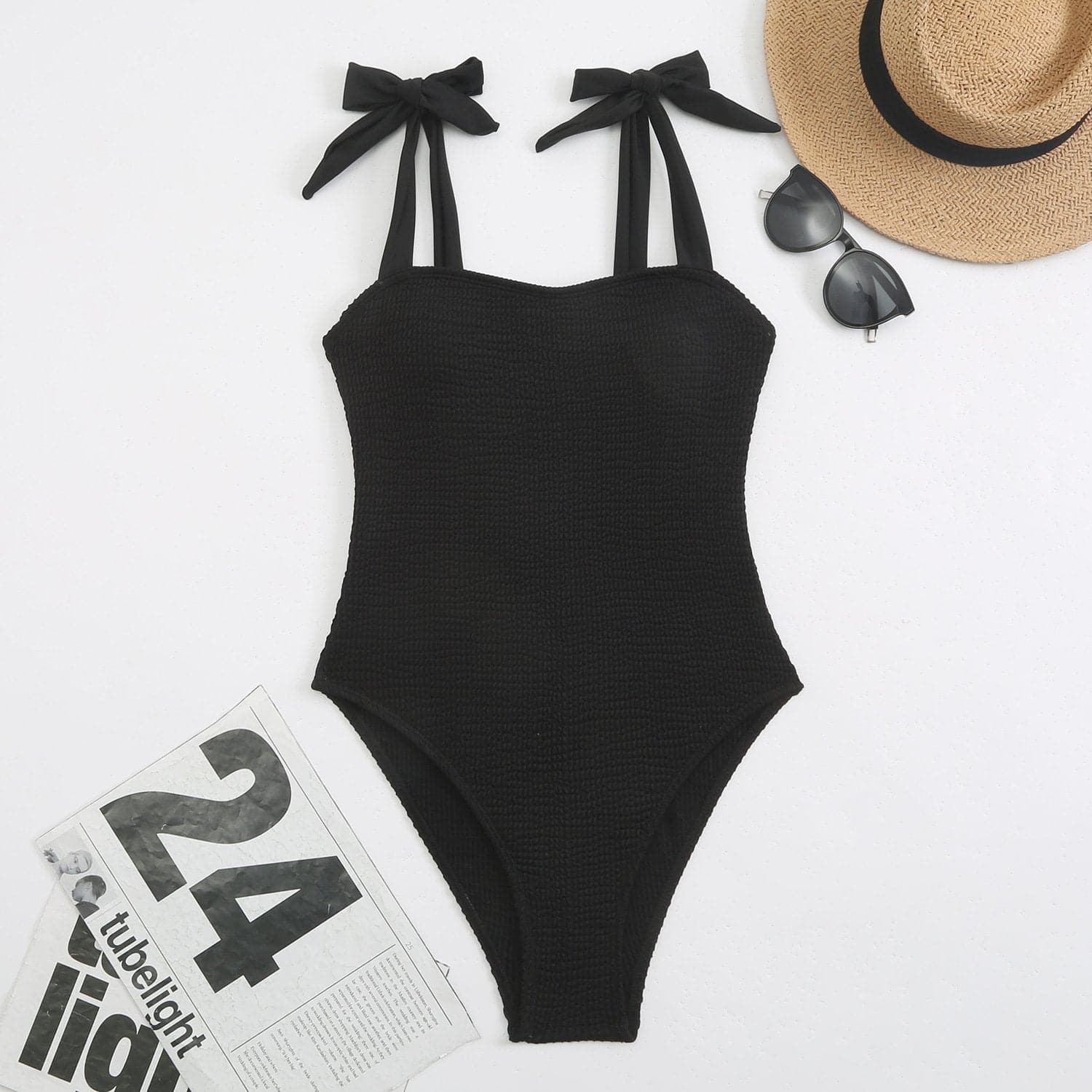 Textured self tie solid backless one piece swimwear