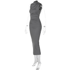 Turtle neck ruched solid sleeveless slit midi dress