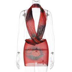 Sheer mesh see through cross front low cut halter backless mini dress