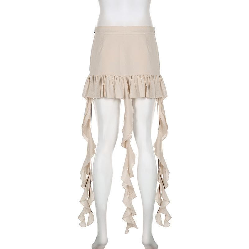 Ruffle ribbon zip-up bowknot button pocket mini skirt