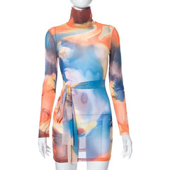 Self tie sheer mesh long sleeve high neck contrast print mini dress