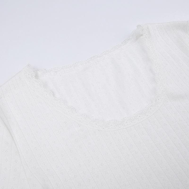 Textured lace hem solid long sleeve u neck top