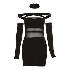 Solid mesh off shoulder cross front gloves metal tag mini dress
