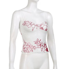 Sheer mesh see through flower print sleeveless lace hem crop top