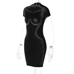 Short sleeve crewneck beaded high neck solid mini dress