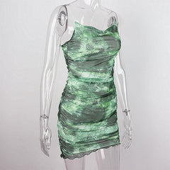 Sheer mesh tie dye print spaghetti strap cowl neck cami dress