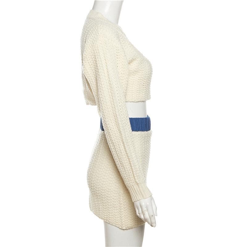 Crewneck long sleeve crochet contrast patchwork mini skirt set