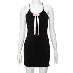 Bowknot ribbon lace hem u neck cross back backless cami mini dress