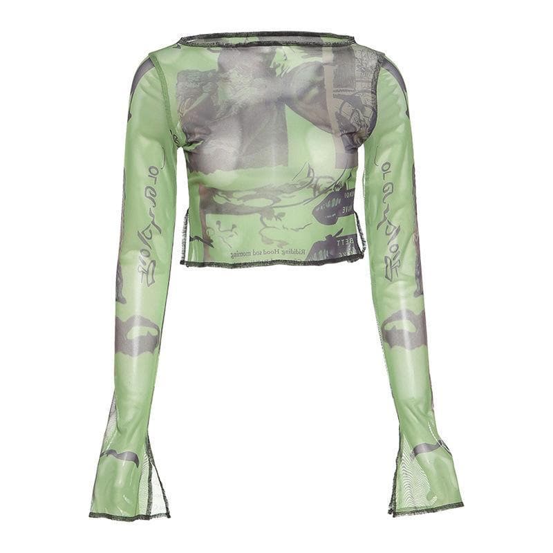 Print mesh see-through ruffled flared sleeve top