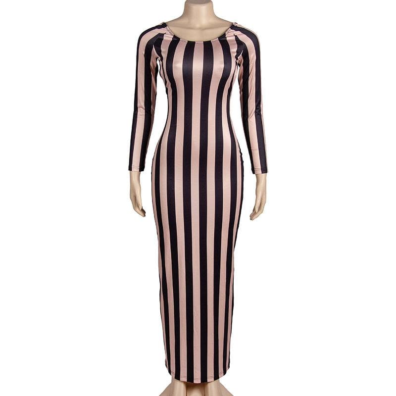 Striped print backless long sleeve contrast round neck maxi dress