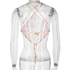 Contrast ripple halter backless self tie cross back crop top