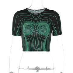 Short sleeve round neck contrast abstract print crop top