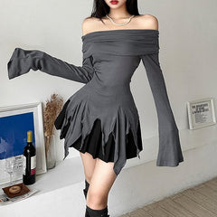 Off shoulder long sleeve irregular ruched solid top
