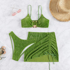 Textured o ring drawstring solid 3 piece swimwear