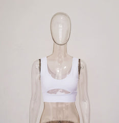 Double layered U neck low cut hollow out solid crop cut out top