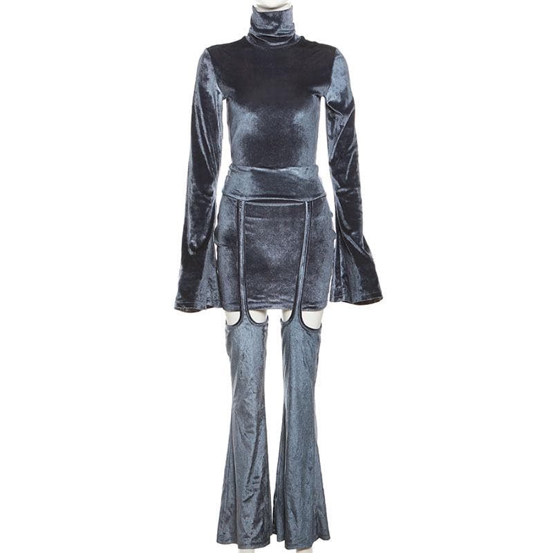 Velvet turtle neck solid long flared sleeve self tie pant set