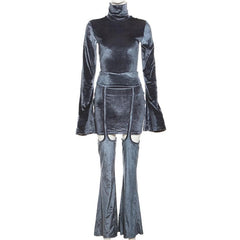Velvet turtle neck solid long flared sleeve self tie pant set