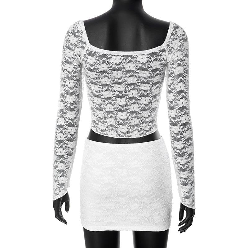 Self tie long sleeve lace v neck mini skirt set